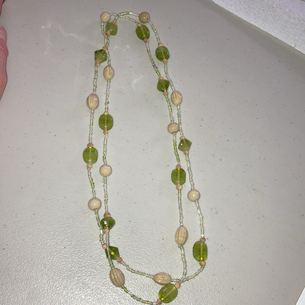 Long Beaded Green Stone and Ivory/Tan Necklace
